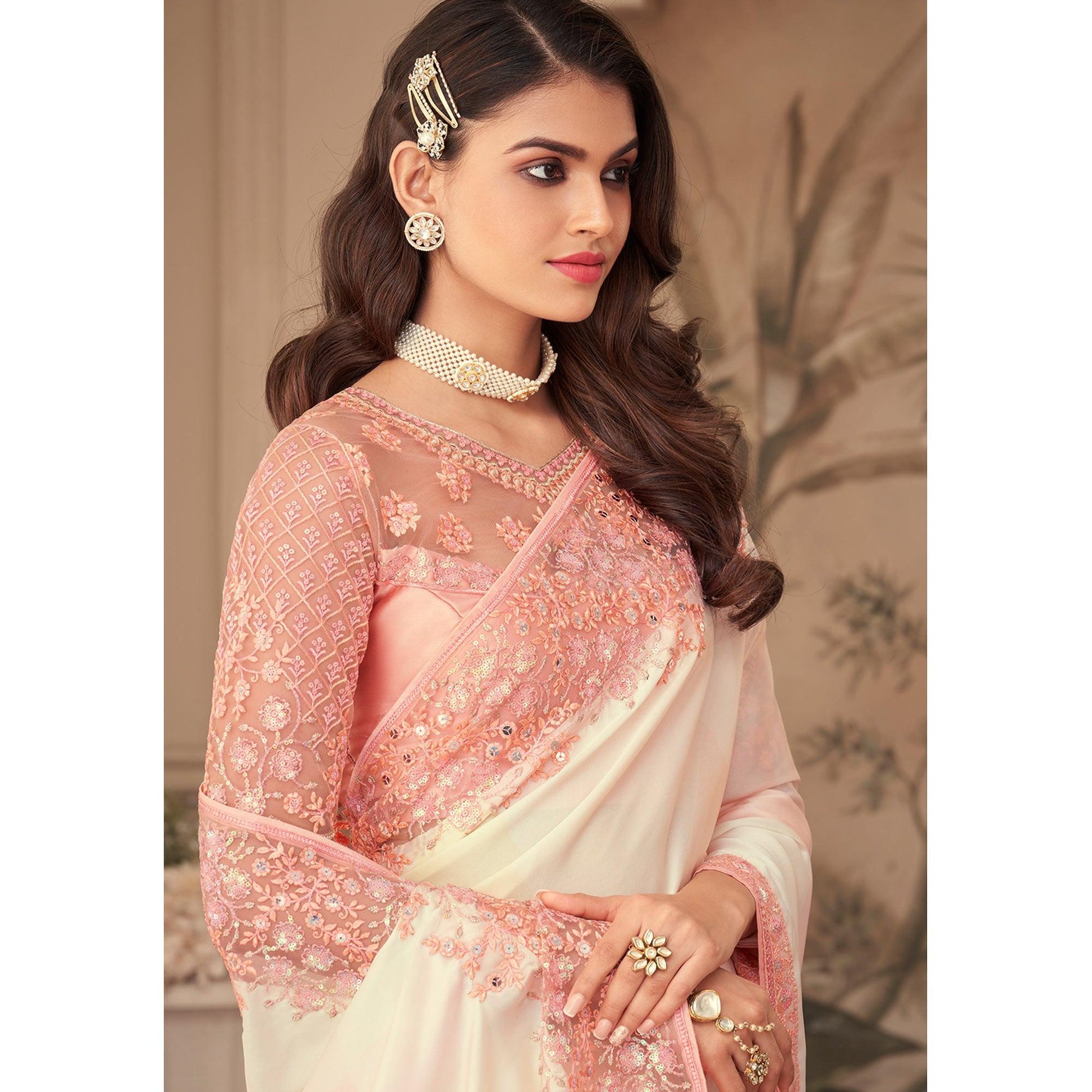 Cream Floral Sequins Embroidered Art Silk Saree