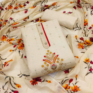 Cream Floral Sequins Embroidered Pure Cotton Dress Material