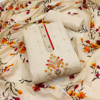 Cream Floral Sequins Embroidered Pure Cotton Dress Material
