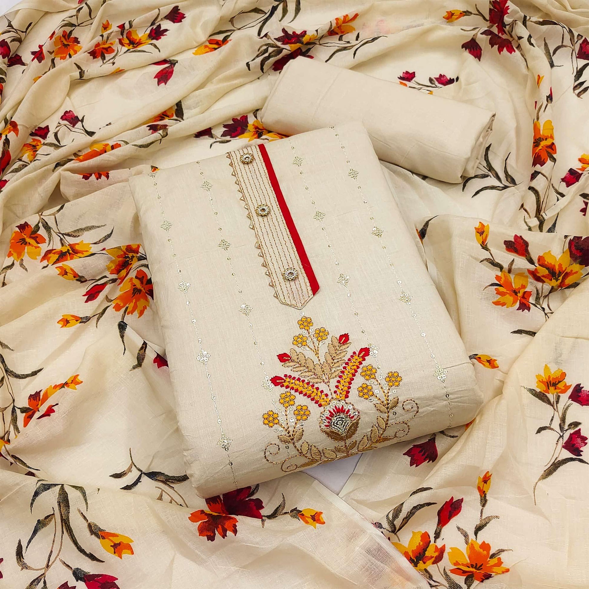 Cream Floral Sequins Embroidered Pure Cotton Dress Material