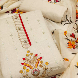 Cream Floral Sequins Embroidered Pure Cotton Dress Material