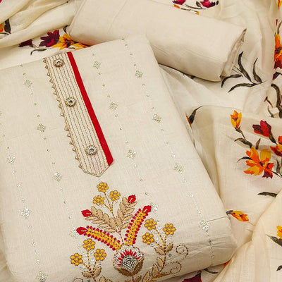 Cream Floral Sequins Embroidered Pure Cotton Dress Material