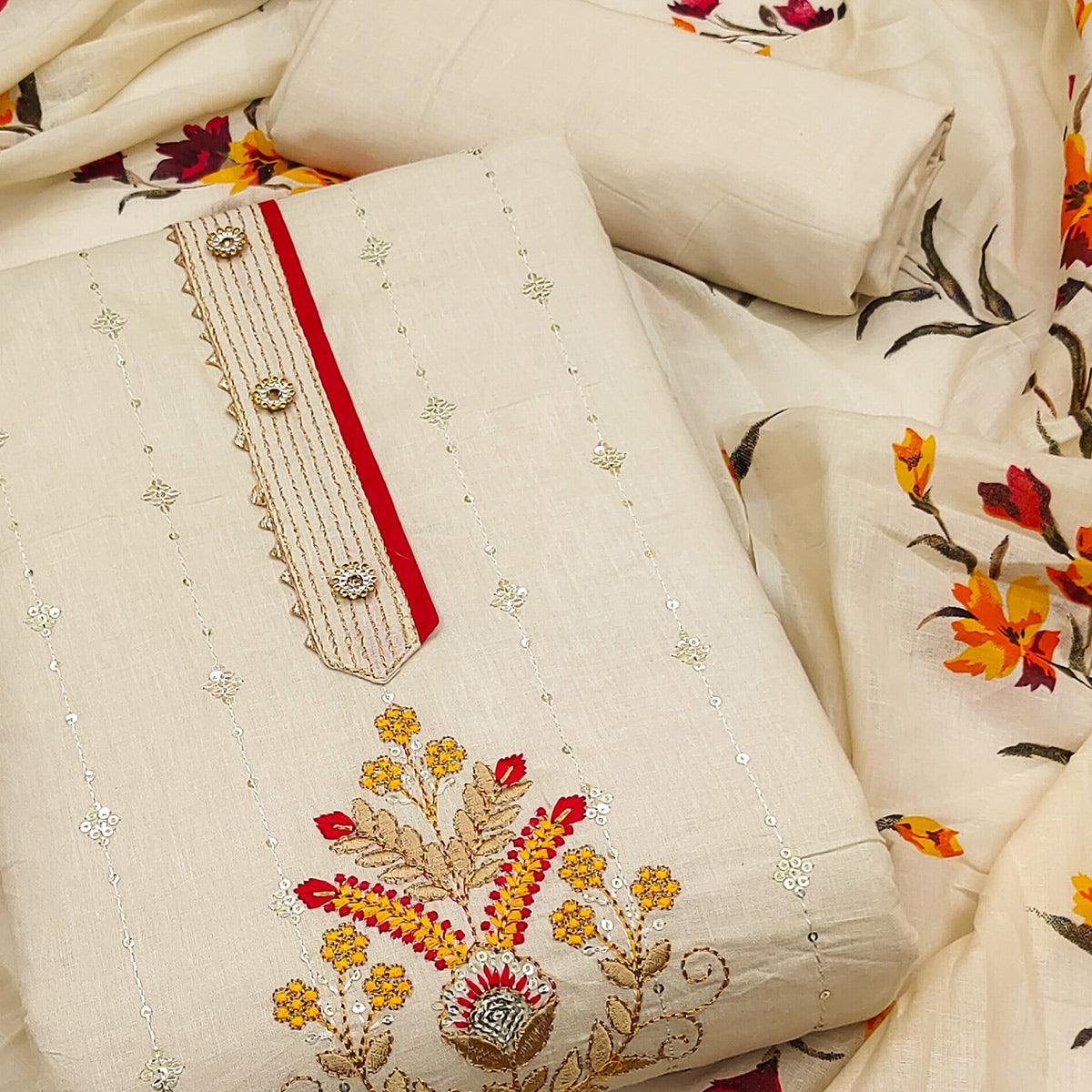 Cream Floral Sequins Embroidered Pure Cotton Dress Material