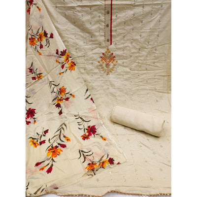 Cream Floral Sequins Embroidered Pure Cotton Dress Material