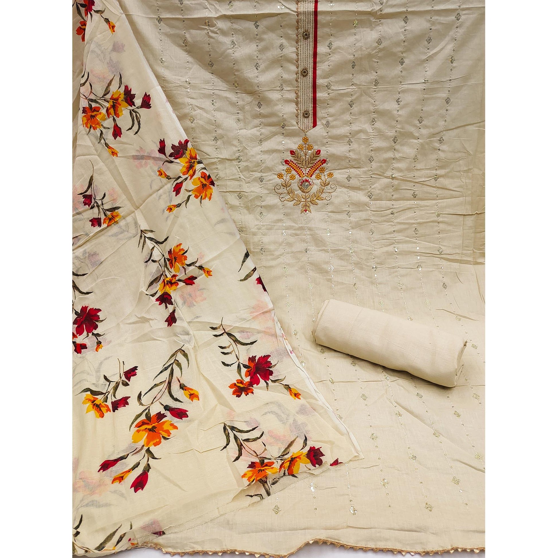 Cream Floral Sequins Embroidered Pure Cotton Dress Material
