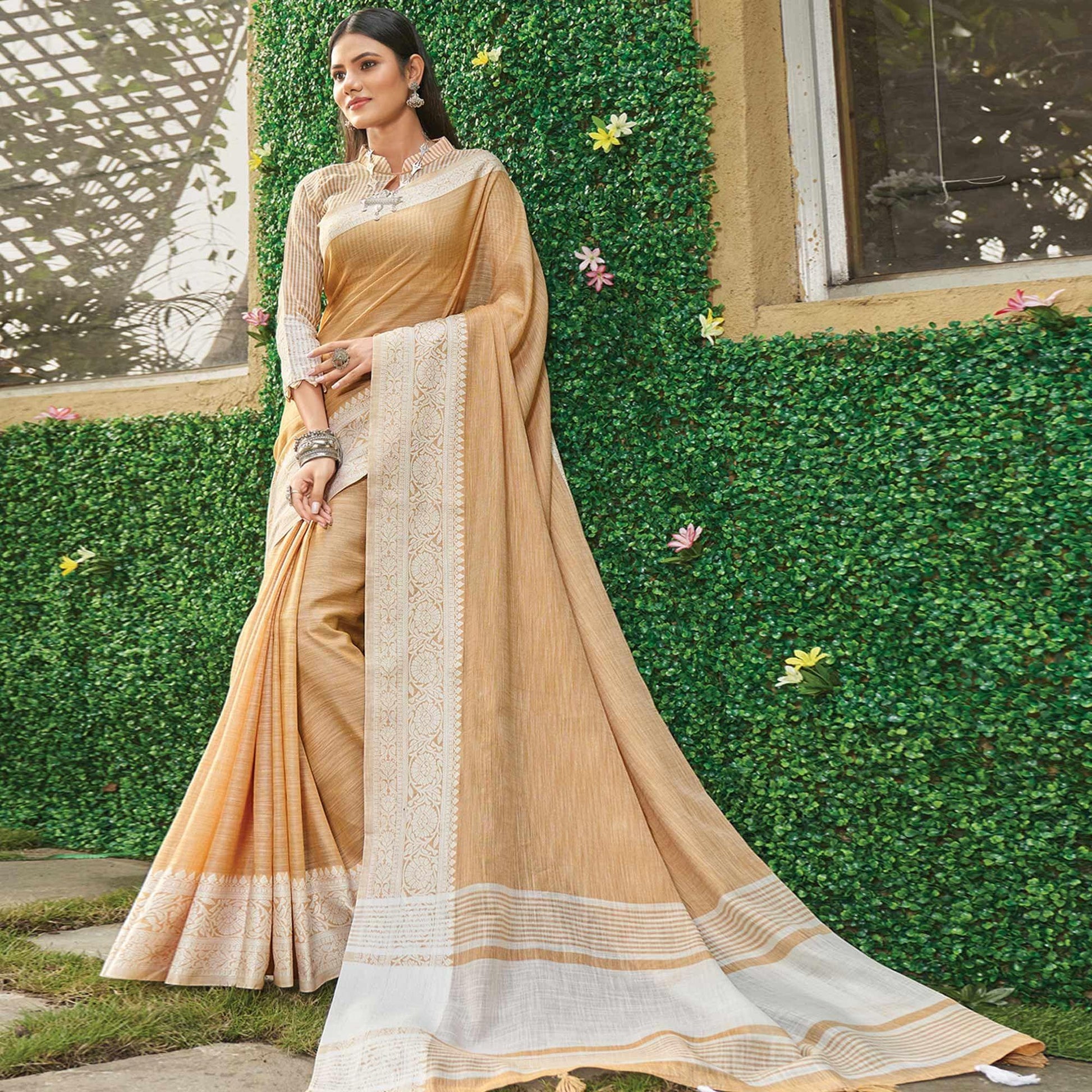 Cream Floral Woven Linen Saree