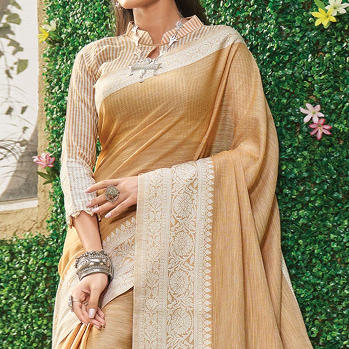 Cream Floral Woven Linen Saree