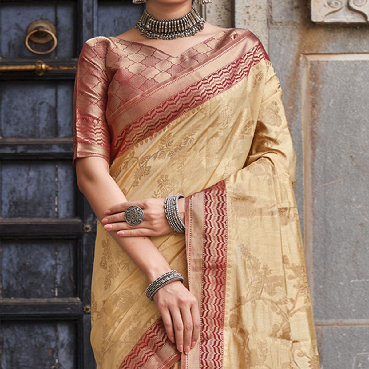 Cream Floral Woven Pure Silk Saree