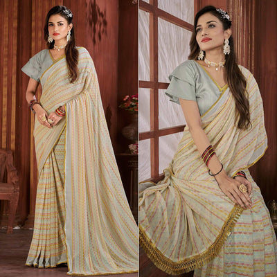 Cream Foil Printed Georgette Saree