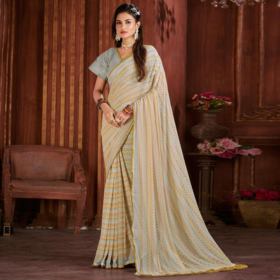 Cream Foil Printed Georgette Saree