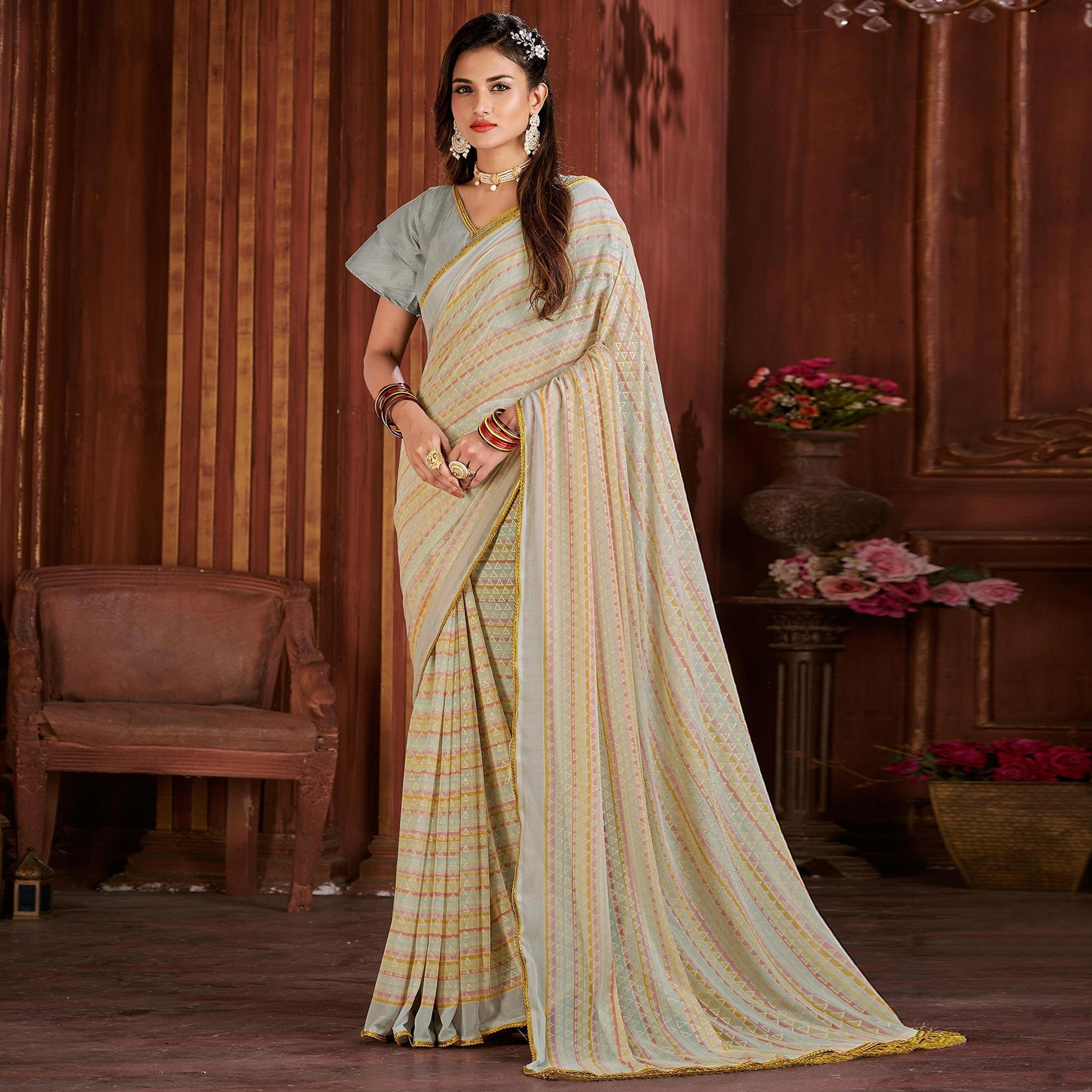 Cream Foil Printed Georgette Saree