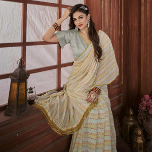 Cream Foil Printed Georgette Saree