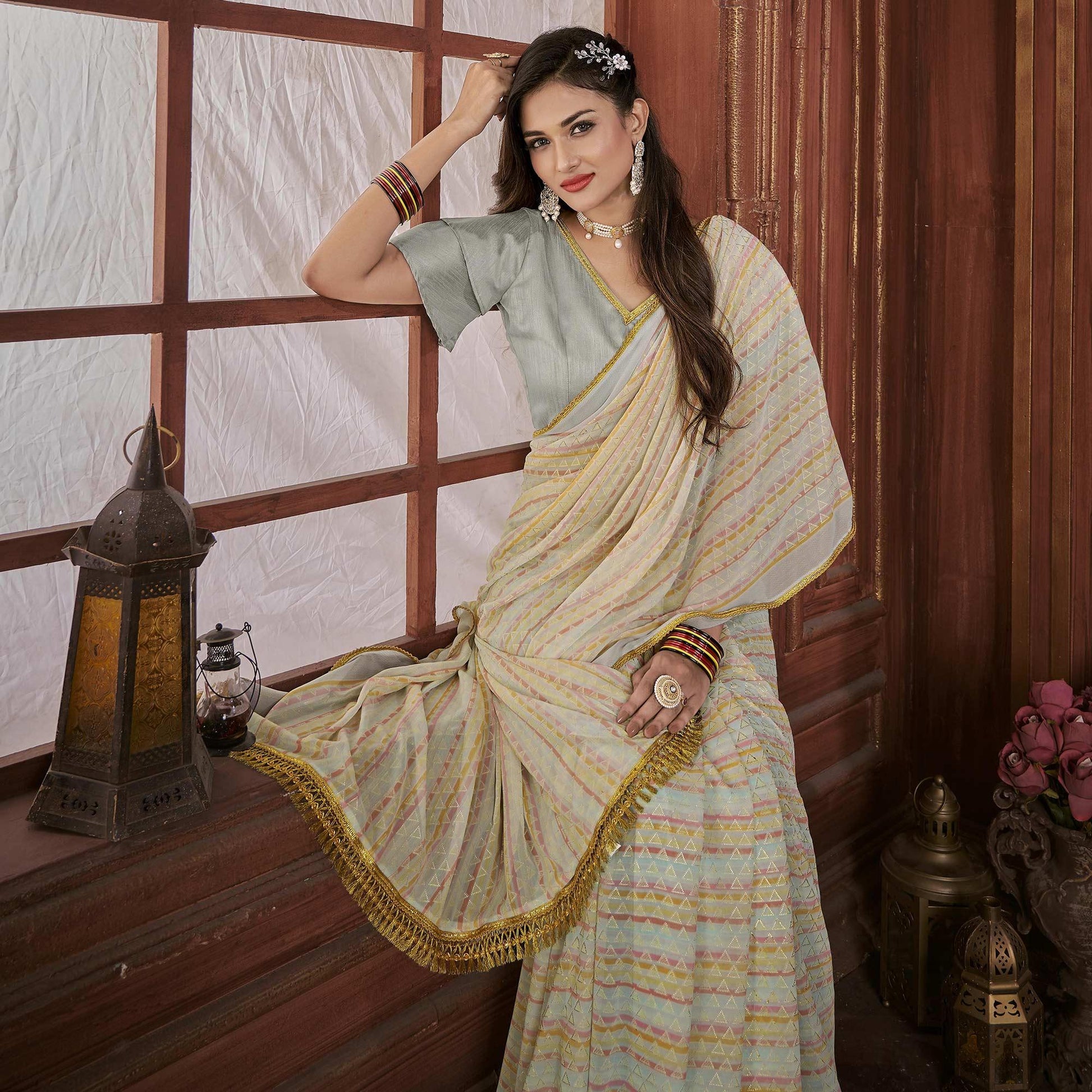 Cream Foil Printed Georgette Saree