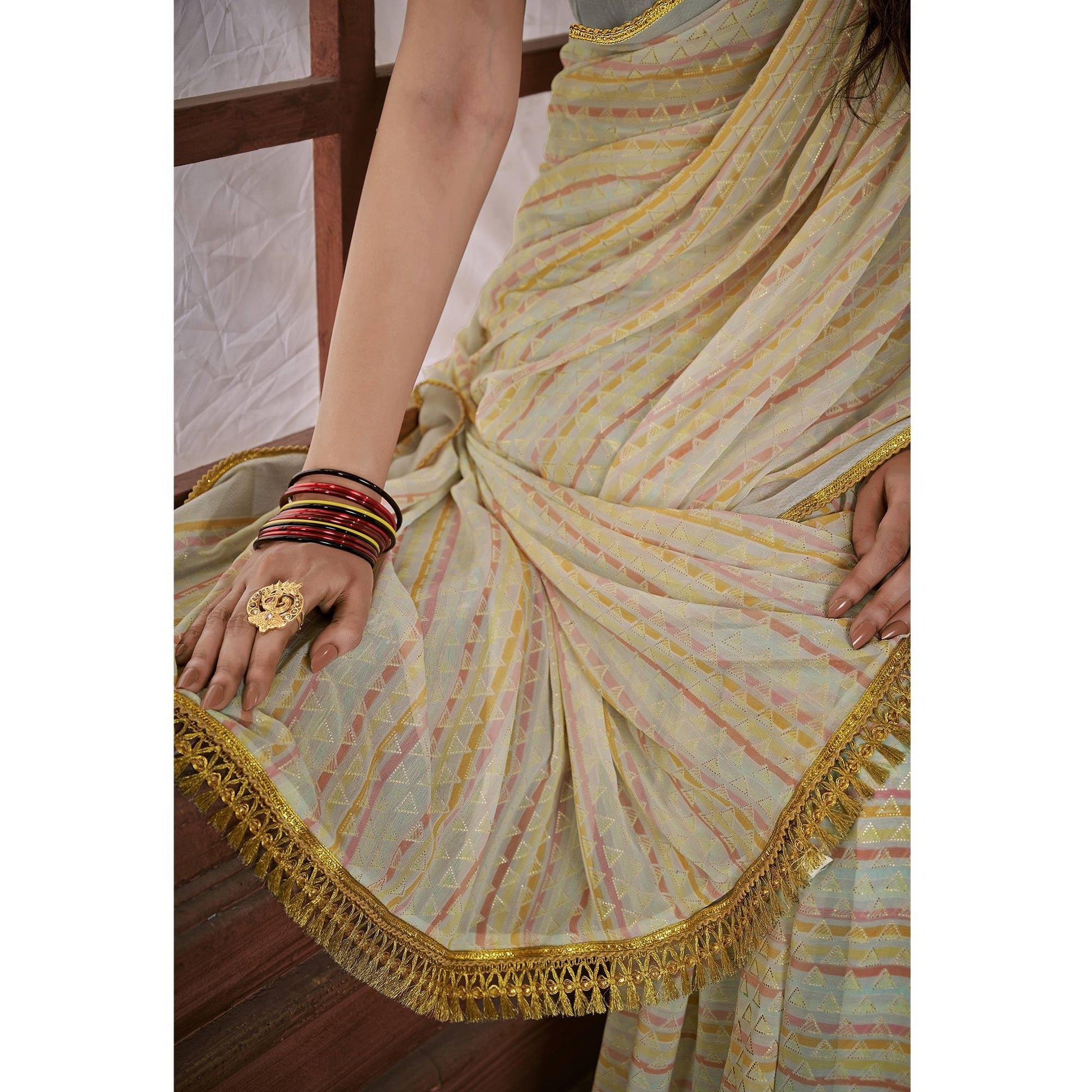 Cream Foil Printed Georgette Saree