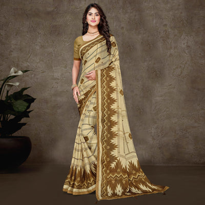 Cream Geometric Printed Chiffon Saree With Tassels