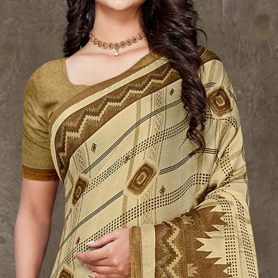Cream Geometric Printed Chiffon Saree With Tassels