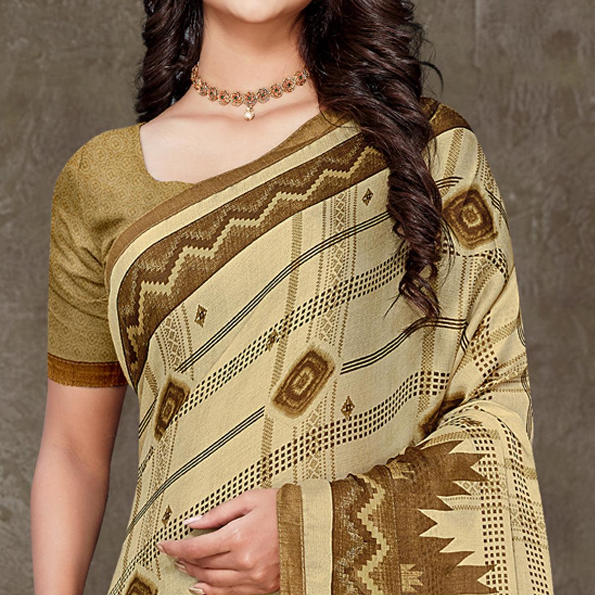 Cream Geometric Printed Chiffon Saree With Tassels