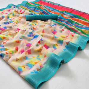 Cream Geometric Printed Linen Saree