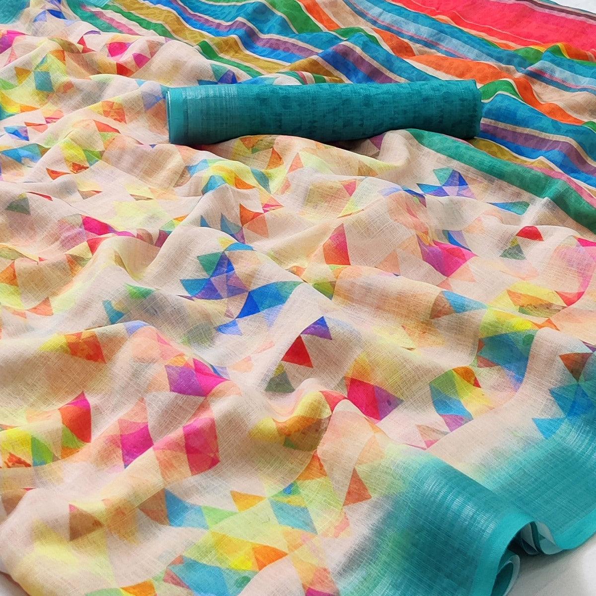 Cream Geometric Printed Linen Saree