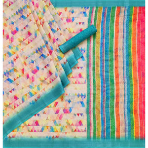 Cream Geometric Printed Linen Saree