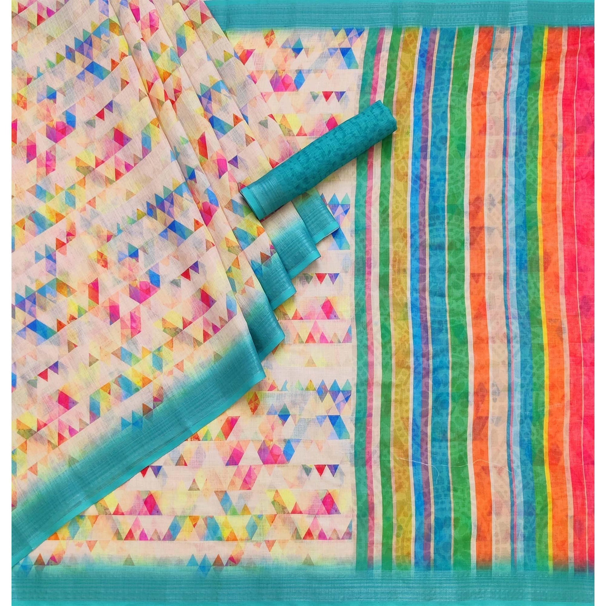 Cream Geometric Printed Linen Saree