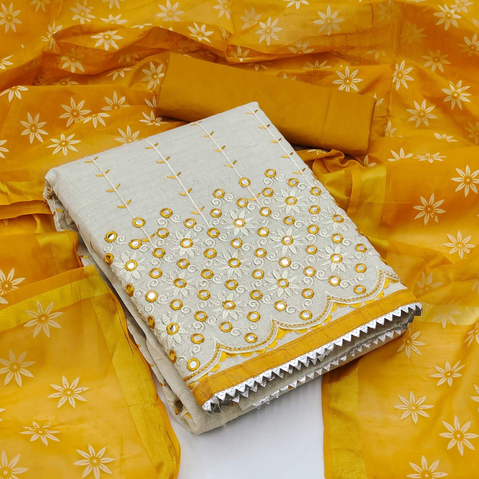 Cream - Gold Festive Wear Embroidery With Mirror Work Cotton Dress Material