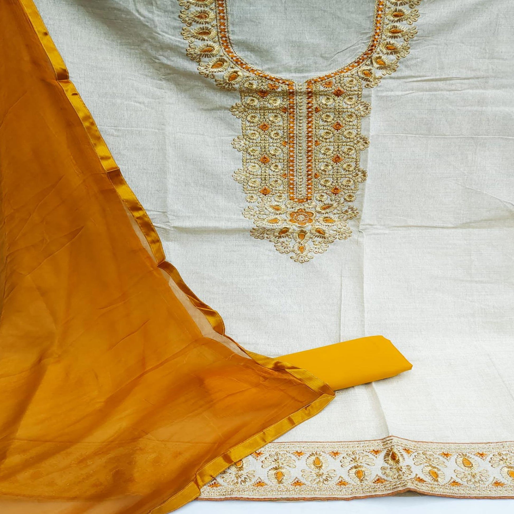 Cream-Gold Festive Wear Embroidery With Mirror Work Cotton Dress Material
