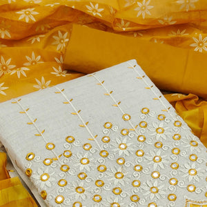 Cream - Gold Festive Wear Embroidery With Mirror Work Cotton Dress Material