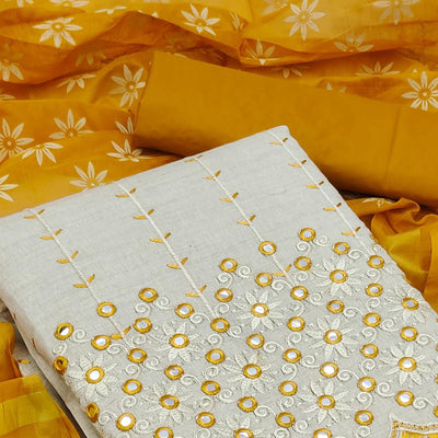 Cream - Gold Festive Wear Embroidery With Mirror Work Cotton Dress Material