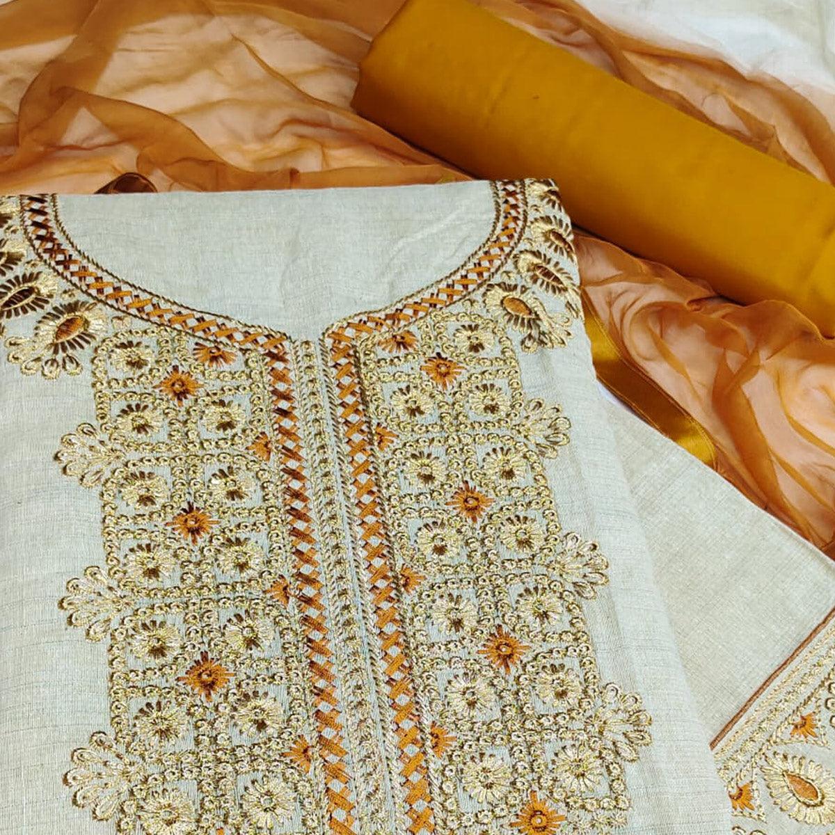 Cream-Gold Festive Wear Embroidery With Mirror Work Cotton Dress Material