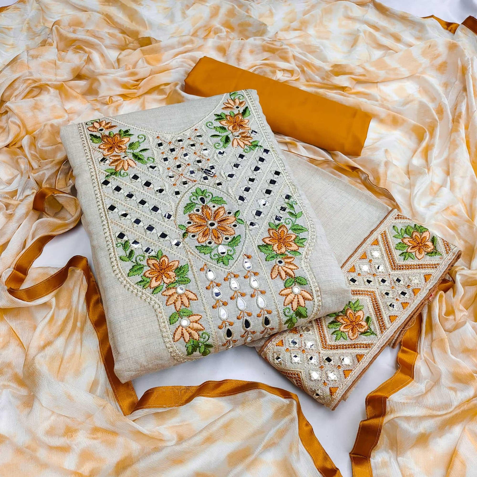Cream-Gold Festive Wear Floral Embroidery With Mirror Work Cotton Dress Material