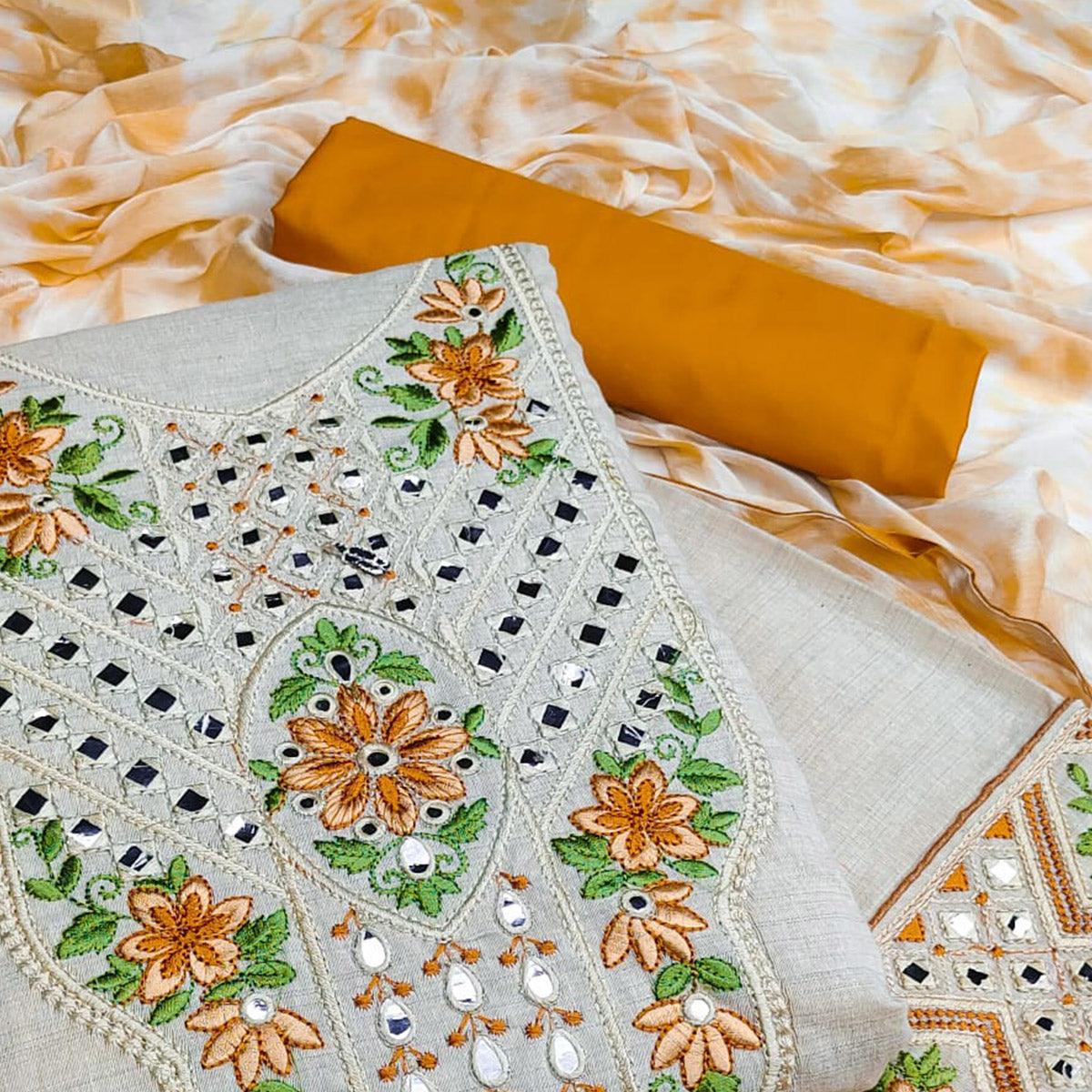 Cream-Gold Festive Wear Floral Embroidery With Mirror Work Cotton Dress Material