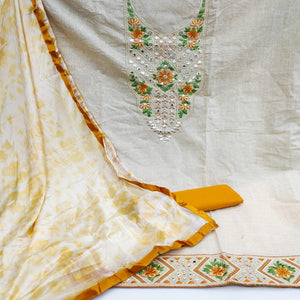 Cream-Gold Festive Wear Floral Embroidery With Mirror Work Cotton Dress Material