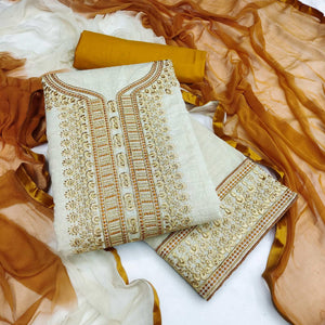 Cream-Gold Festive Wear Mirror Work Cotton Dress Material