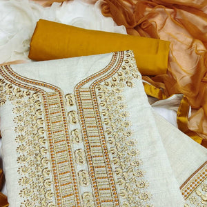 Cream-Gold Festive Wear Mirror Work Cotton Dress Material