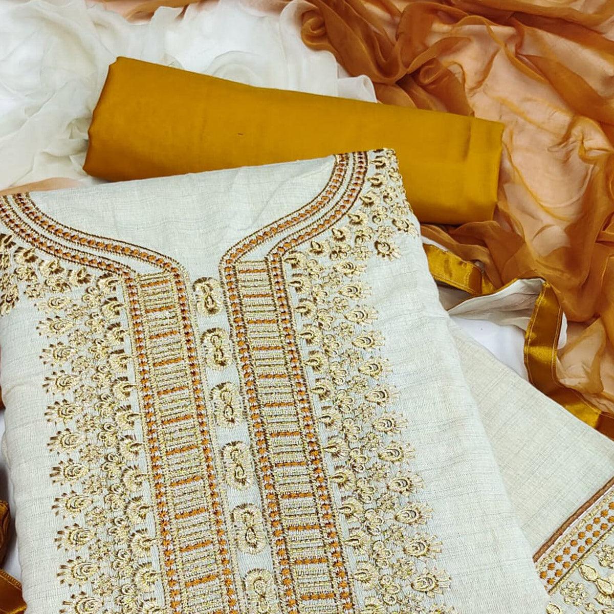 Cream-Gold Festive Wear Mirror Work Cotton Dress Material