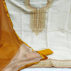 Cream-Gold Festive Wear Mirror Work Cotton Dress Material