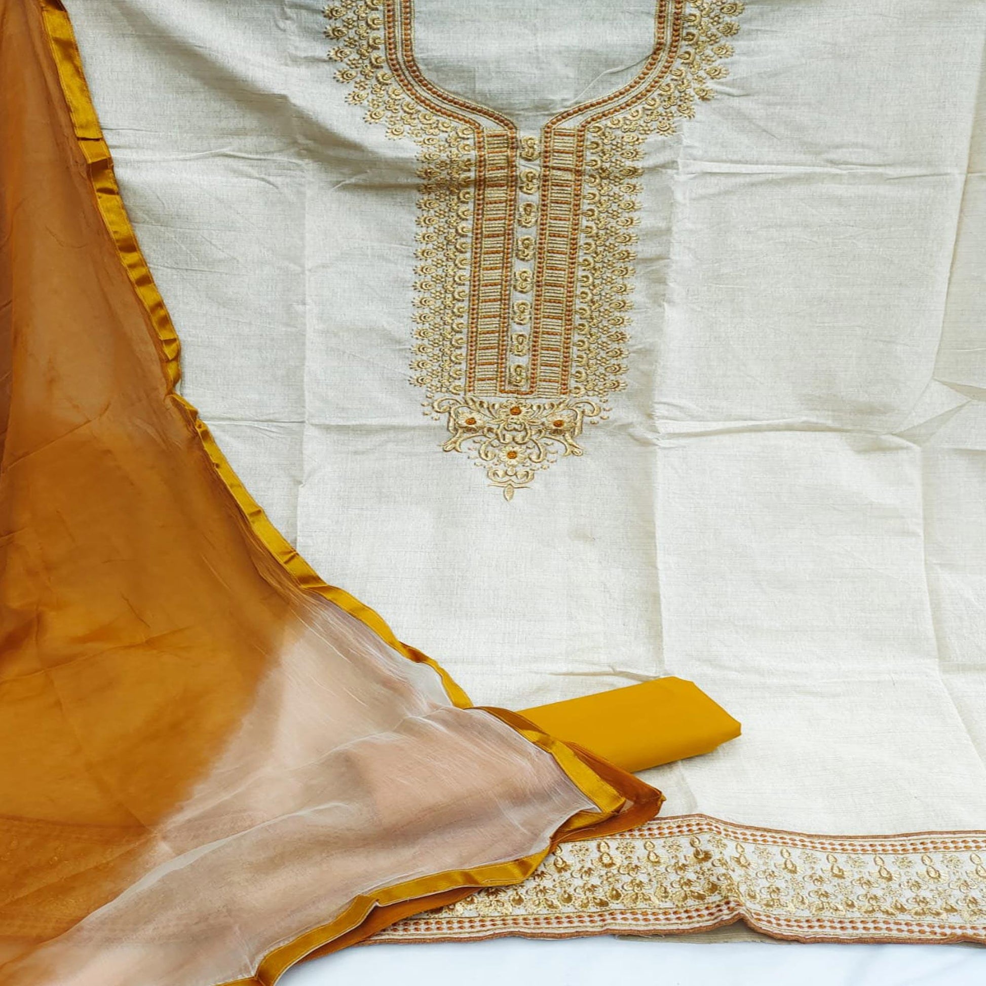 Cream-Gold Festive Wear Mirror Work Cotton Dress Material