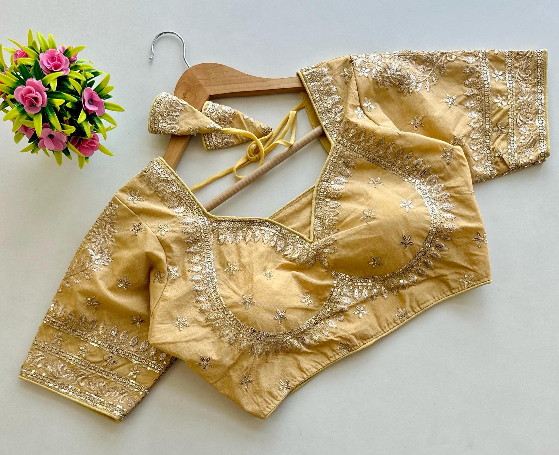 Cream Golden Embroidered Blubbery Silk Blouse with Sequins