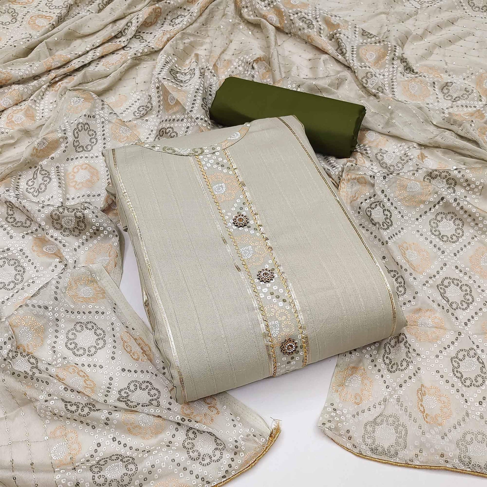 Cream Gotta Patti With Bandhani Printed Pure Cotton Dress Material