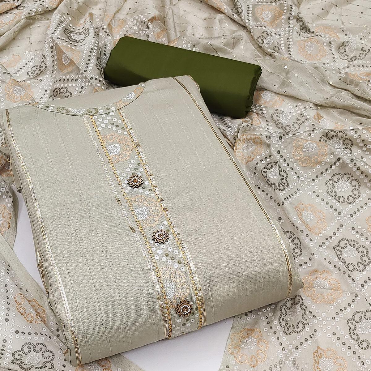 Cream Gotta Patti With Bandhani Printed Pure Cotton Dress Material