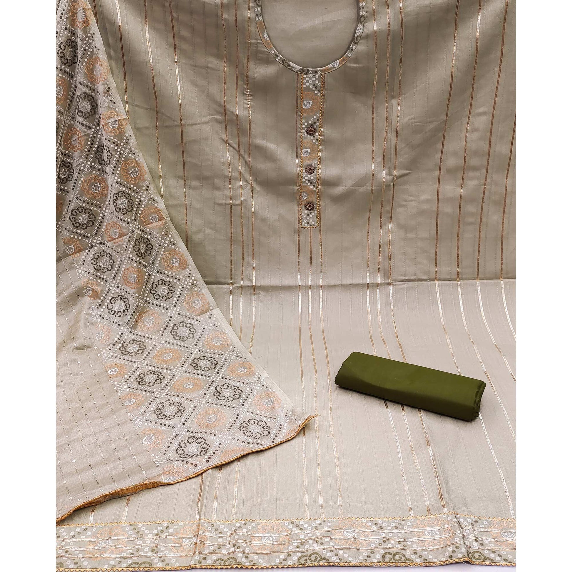 Cream Gotta Patti With Bandhani Printed Pure Cotton Dress Material