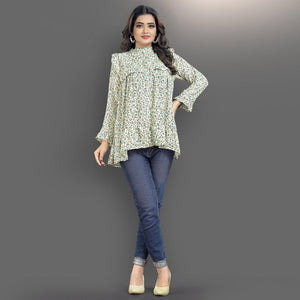 Cream-Green Casual Wear Floral Printed Lycra Top