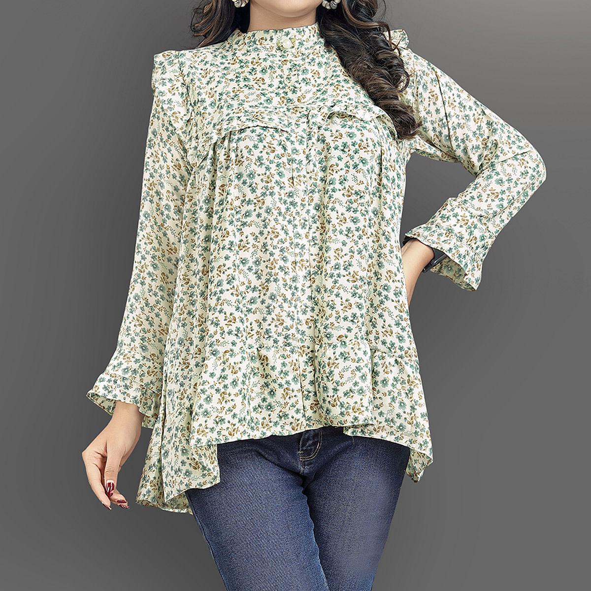 Cream-Green Casual Wear Floral Printed Lycra Top