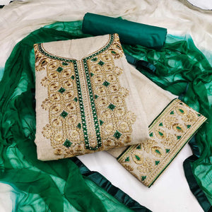 Cream-Green Festive Wear Embroidery With Mirror Work Cotton Dress Material