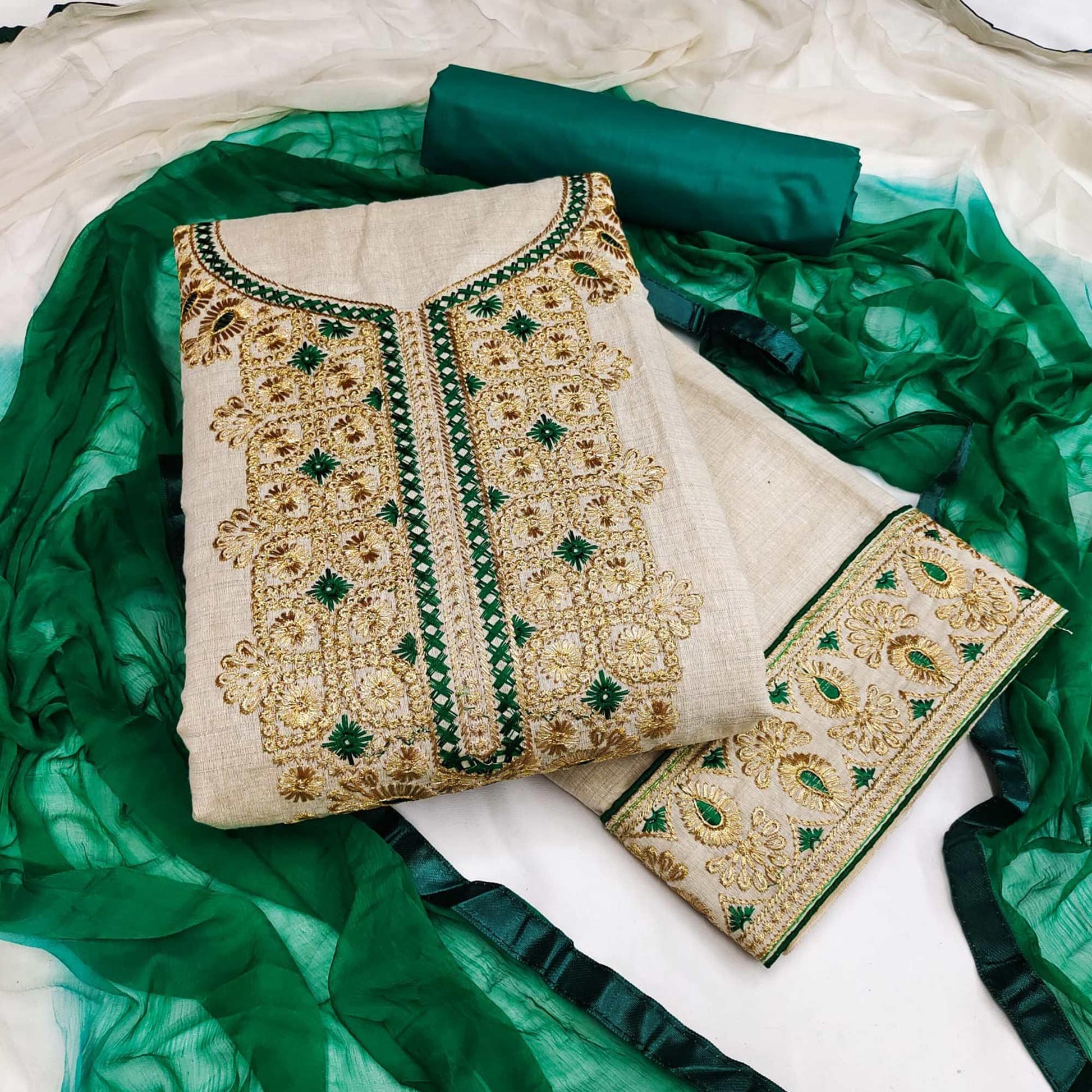 Cream-Green Festive Wear Embroidery With Mirror Work Cotton Dress Material