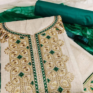 Cream-Green Festive Wear Embroidery With Mirror Work Cotton Dress Material