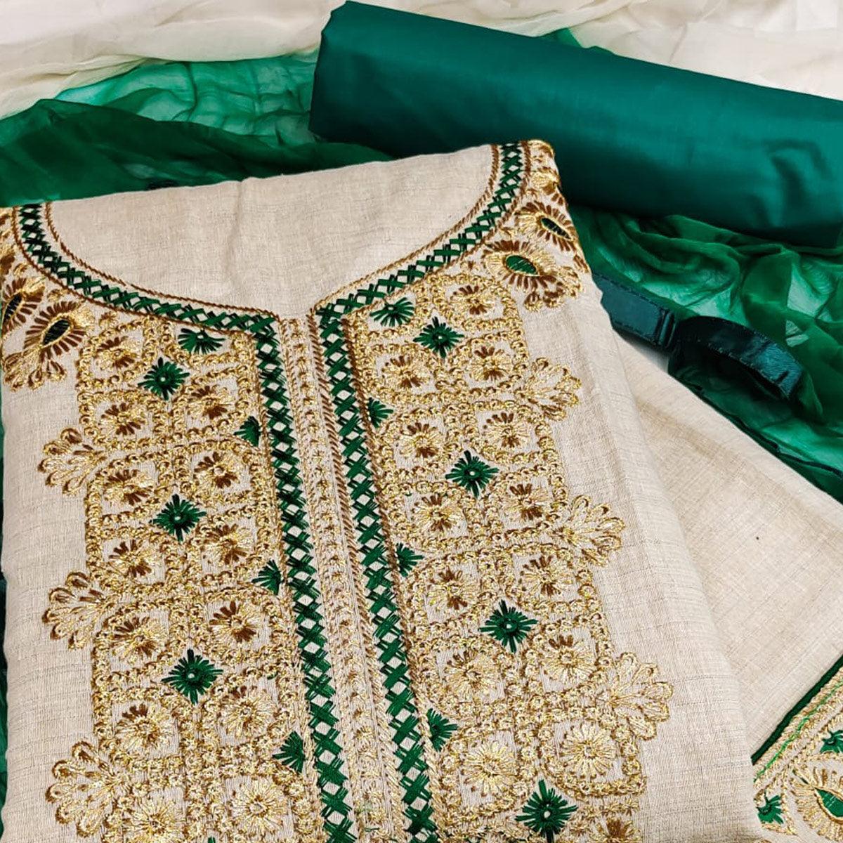 Cream-Green Festive Wear Embroidery With Mirror Work Cotton Dress Material