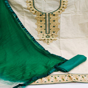 Cream-Green Festive Wear Embroidery With Mirror Work Cotton Dress Material