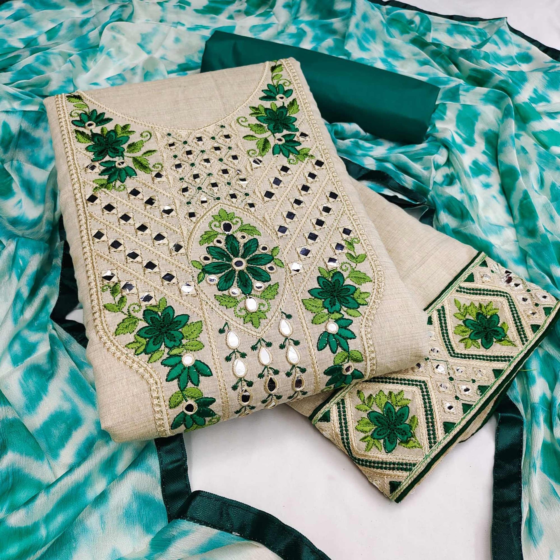 Cream-Green Festive Wear Floral Embroidery With Mirror Work Cotton Dress Material